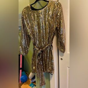 Fashionova caftan style gold sequin tie waist dress